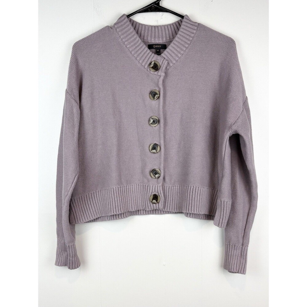 Quince M Sweater Cardigan Boxy Cropped Purple Cotton Minimalist Nordic Classic